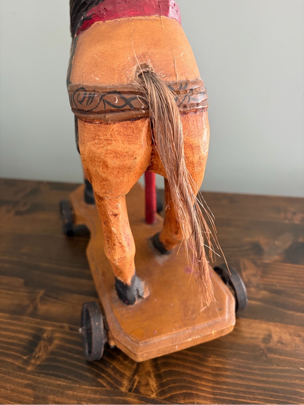 Vintage Hand Carved & Hand-Painted Wooden Carousel Horse on Wheels Wooden Toy - Picture 4 of 14